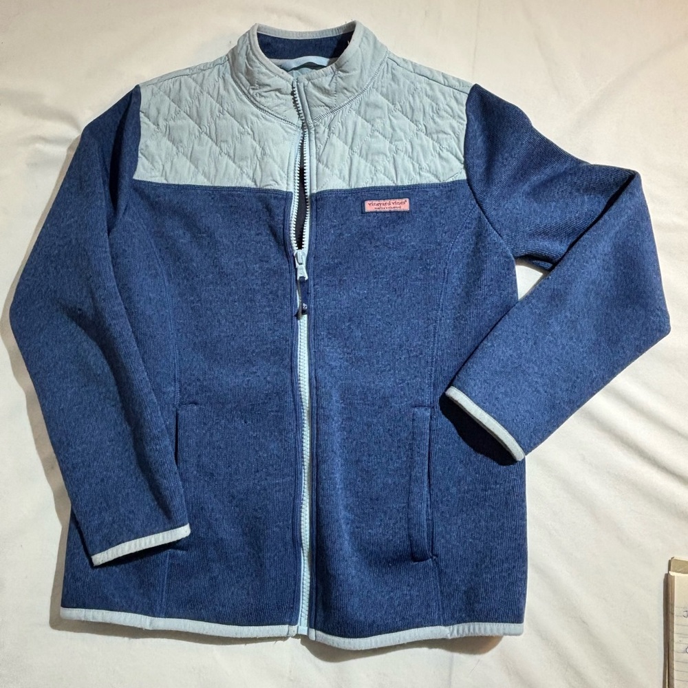Vineyard Vines Quilted Full-Zip Fleece Jacket - Blue/Light Blue girls Sz L (14)